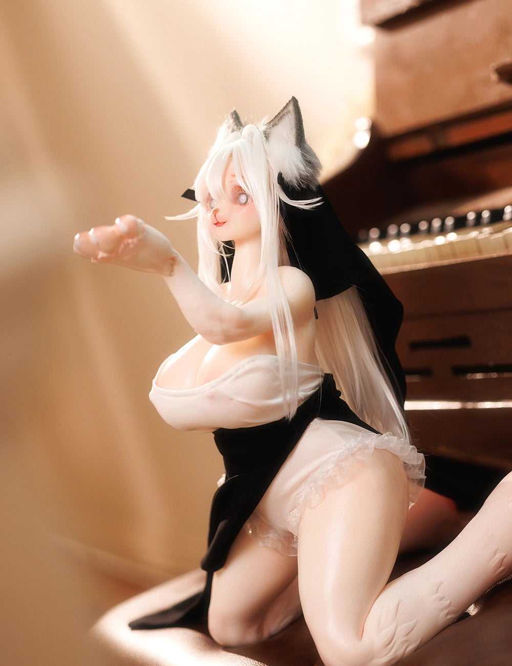 An anthropomorphic hentai sex doll kneeling and blowing a kiss towards the viewer.