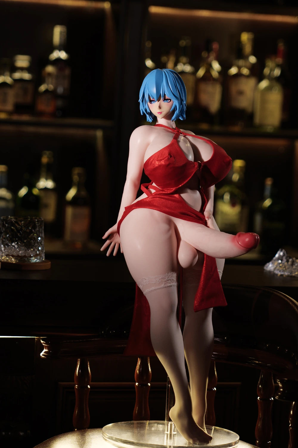 The blue-haired Akeno futa sex doll, showing off its red dress and large penis.