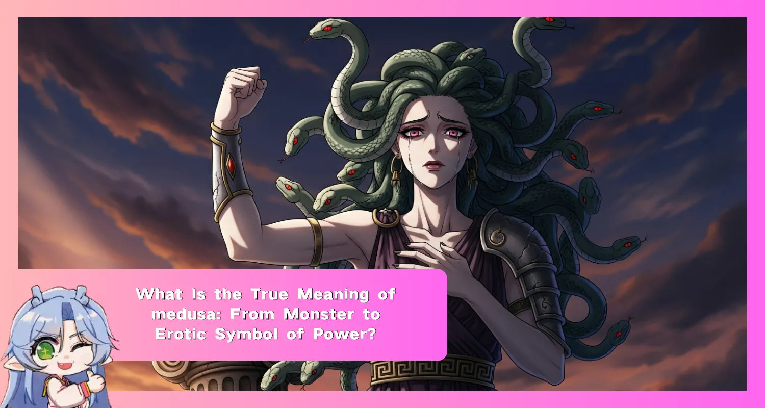 Medusa with snake hair and tears, flexing an arm to show strength, against a dramatic sky, symbolizing her evolution from monster to a figure of power and survival.