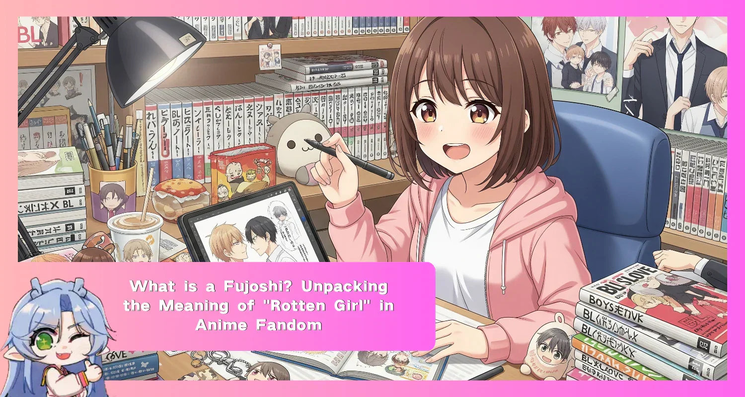 A smiling fujoshi in Japan, surrounded by BL manga and fan art, illustrating the theme “What is a Fujoshi”.