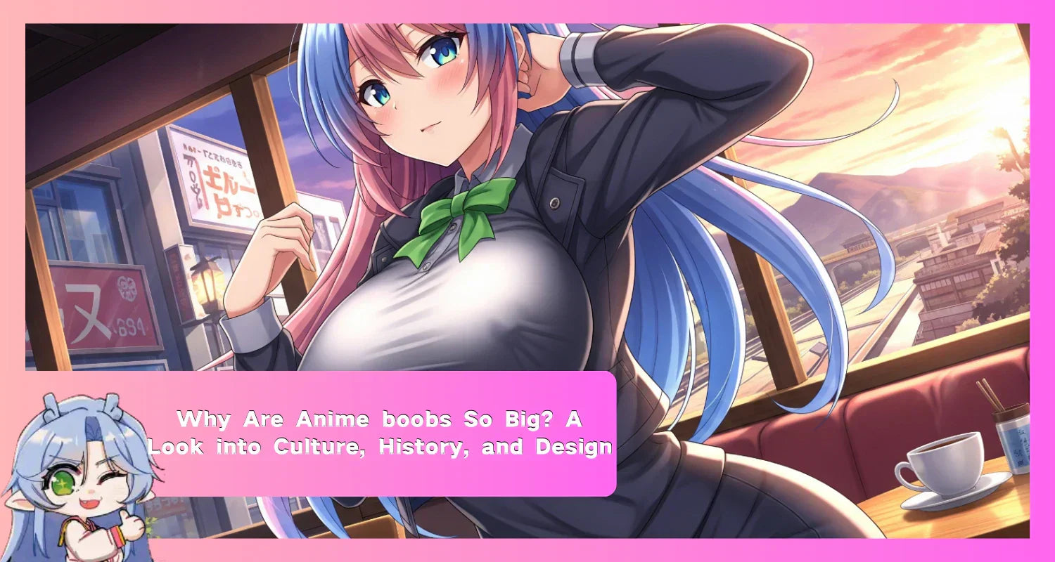 Image of An anime girl with large anime boobs sits in a cafe, the cover image for a blog exploring the culture and history of this popular design trope.