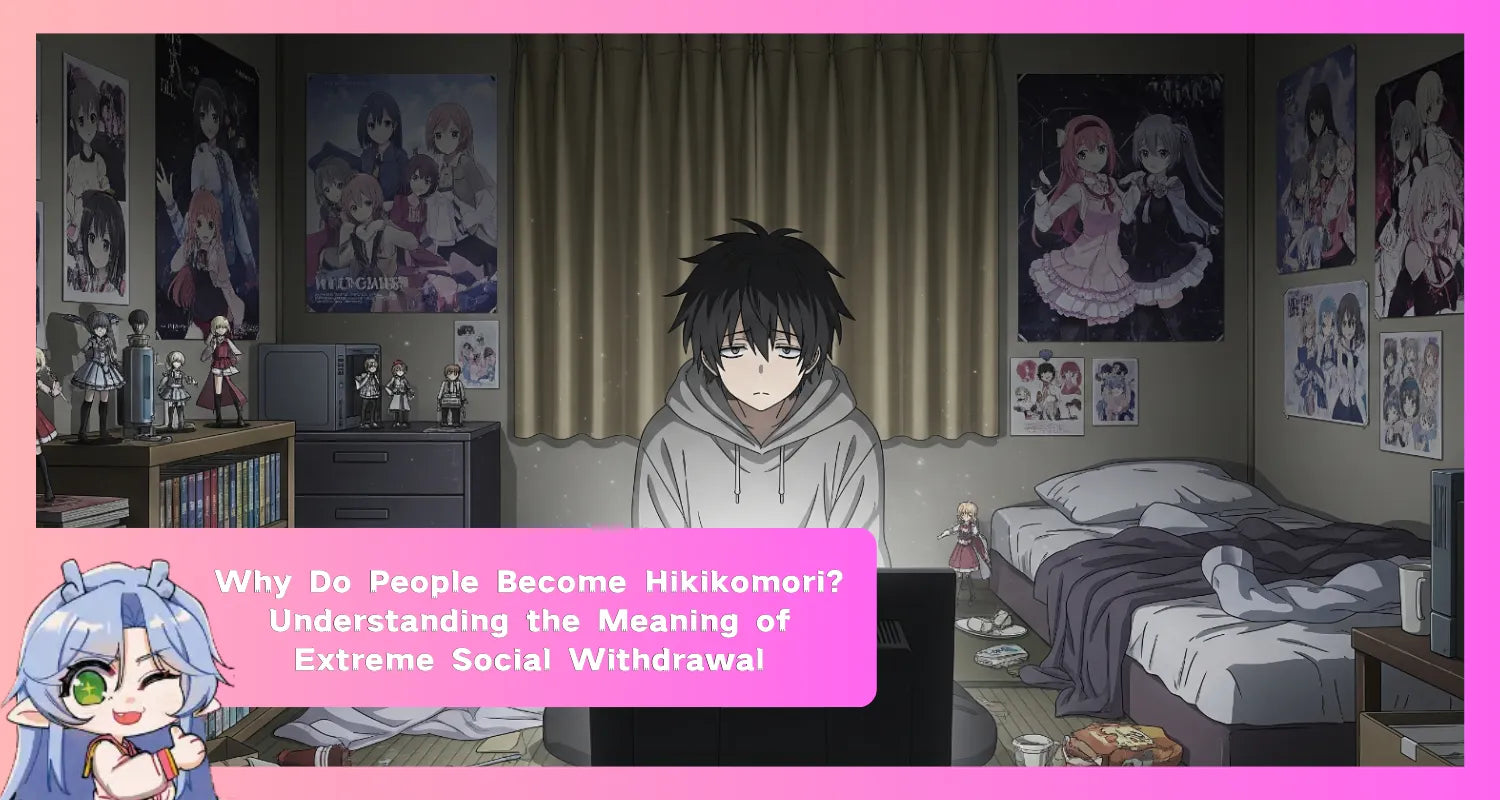 Anime illustration of a young man with a tired expression sitting in a messy room filled with manga, anime posters, and various items, in front of a computer monitor, depicting extreme social withdrawal (hikikomori).