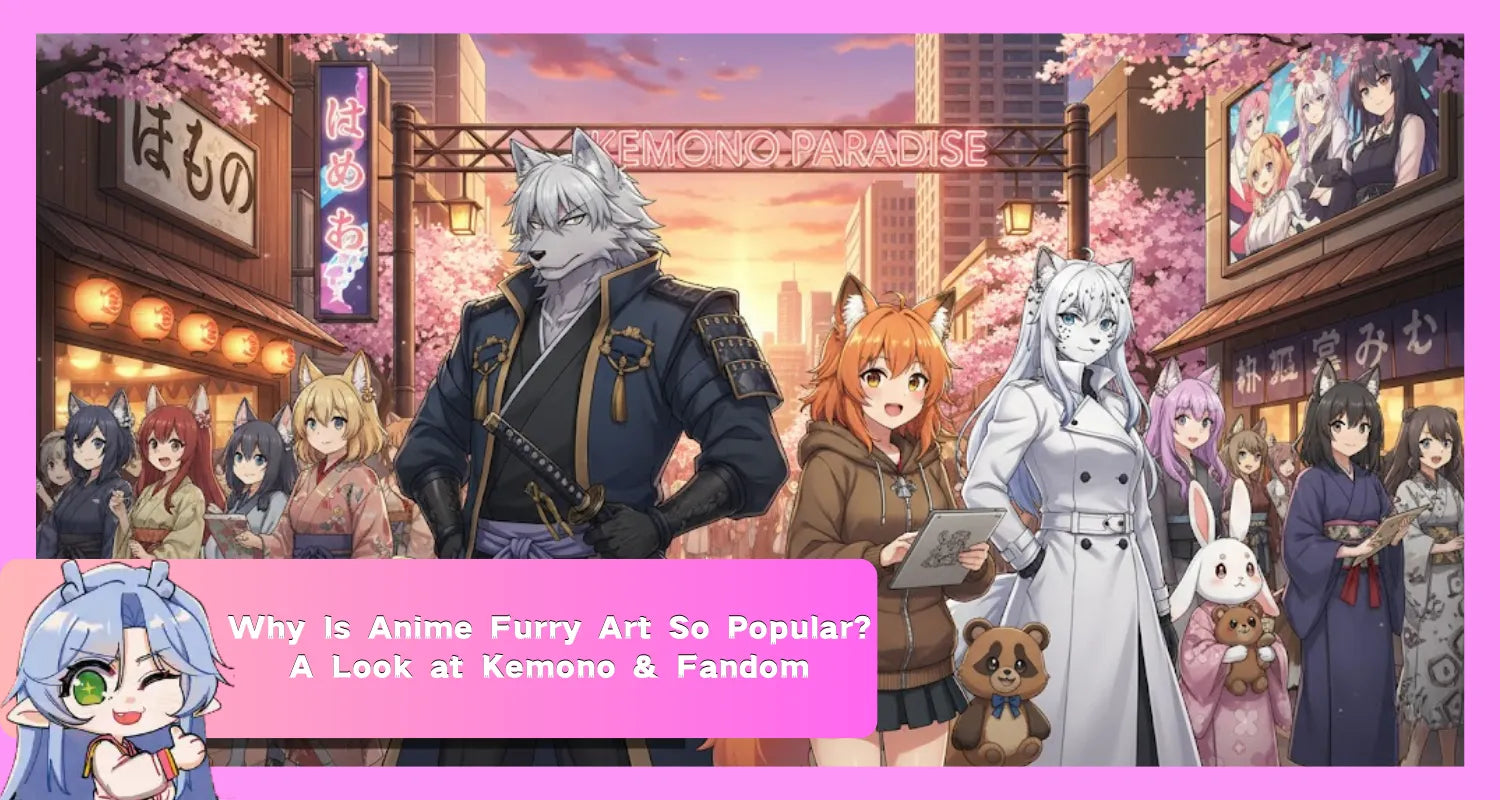Image of Cover image for 'Why Do People Love Anime Furry Characters?' featuring various Kemono-style human-animal characters in a vibrant Japanese setting.