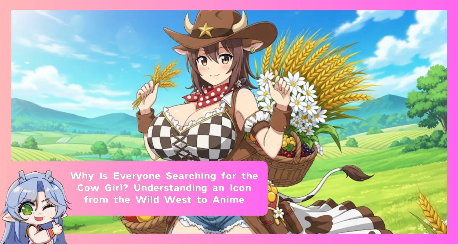 An anime cow girl holding baskets of fruit, representing the modern pop culture icon's evolution from the Wild West.