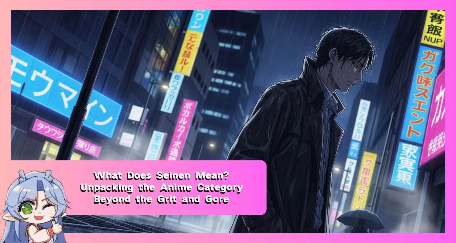 An atmospheric anime illustration of an adult protagonist on a rainy, neon-lit city street, capturing the mature and introspective themes of the seinen genre.