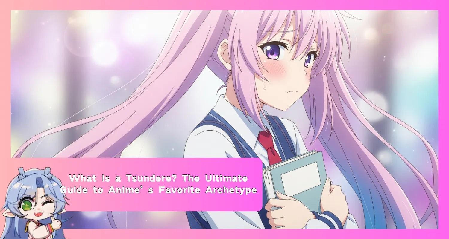 Image of A tsundere anime girl with pink twin-tails shyly looks away while clutching a book, serving as a blog cover about this popular character archetype.
