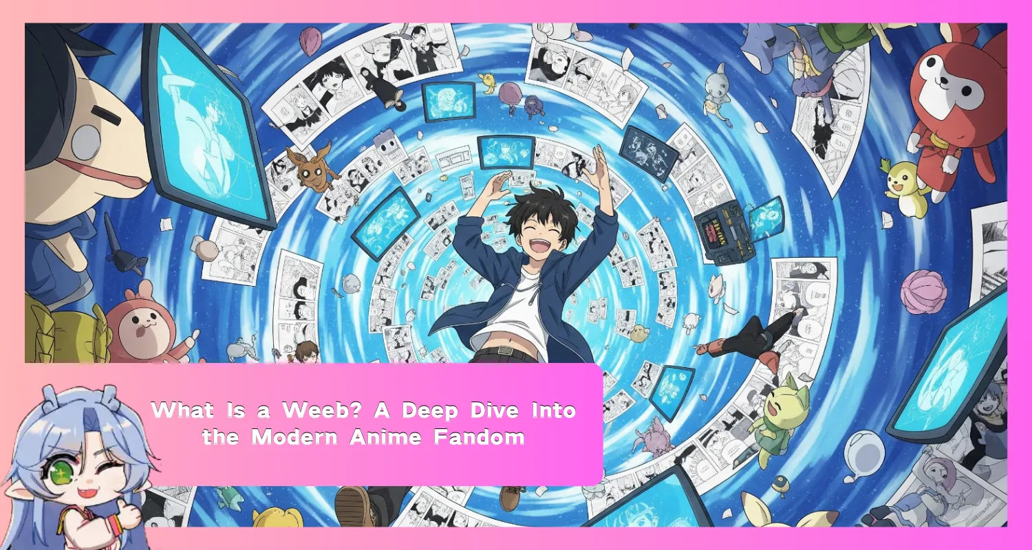 Image of A cover image defining the modern weeb: a fan joyfully taking a deep dive into the immersive world of Japanese pop culture, including anime, manga, and collecting.