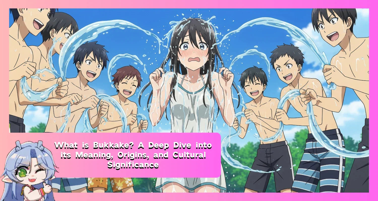 Anime illustration of boys splashing a girl with water, representing the literal 'to splash' meaning of the word bukkake.