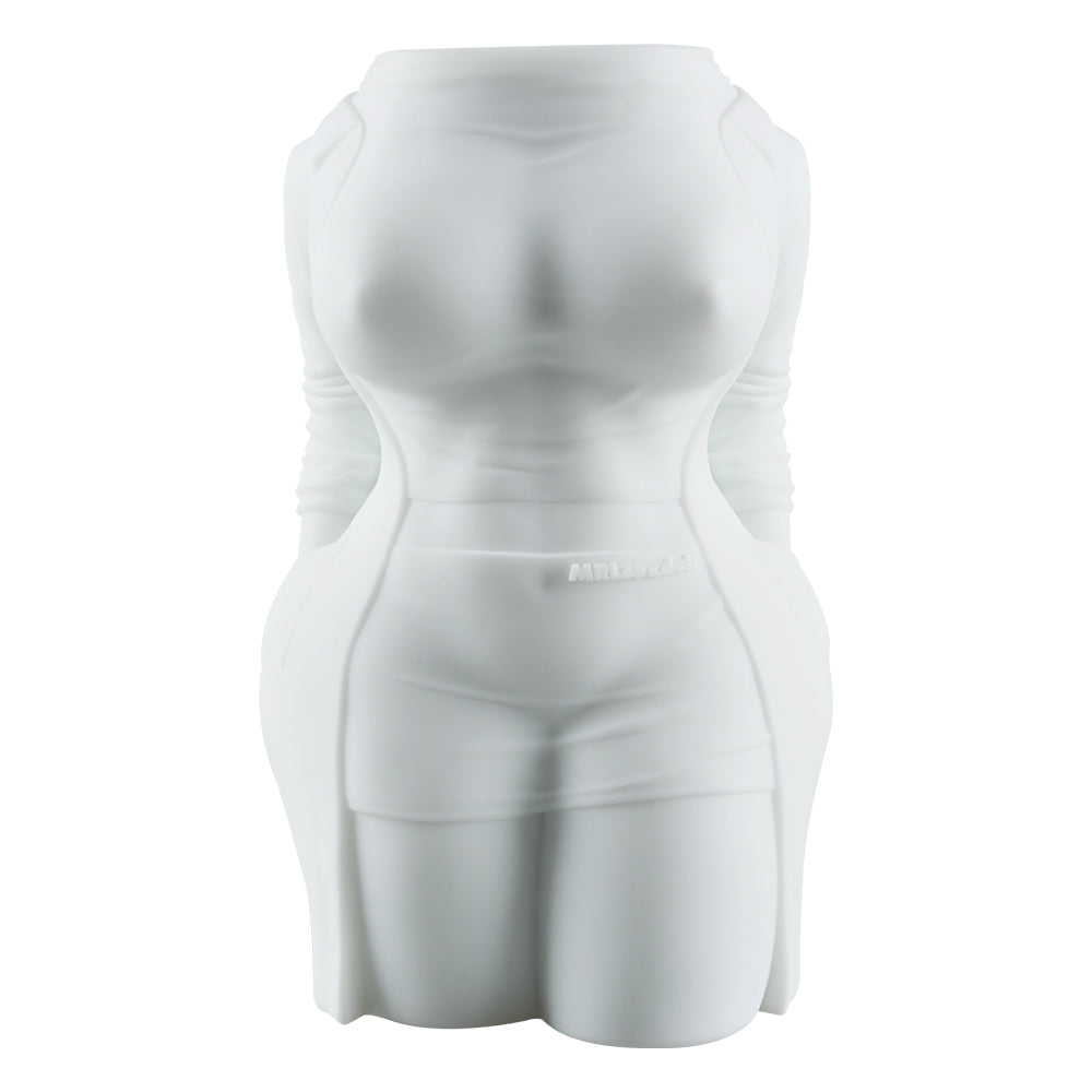 Image of The Cora sex doll torso, a men's sex toy featuring an all-white design of a girl in a trench coat.