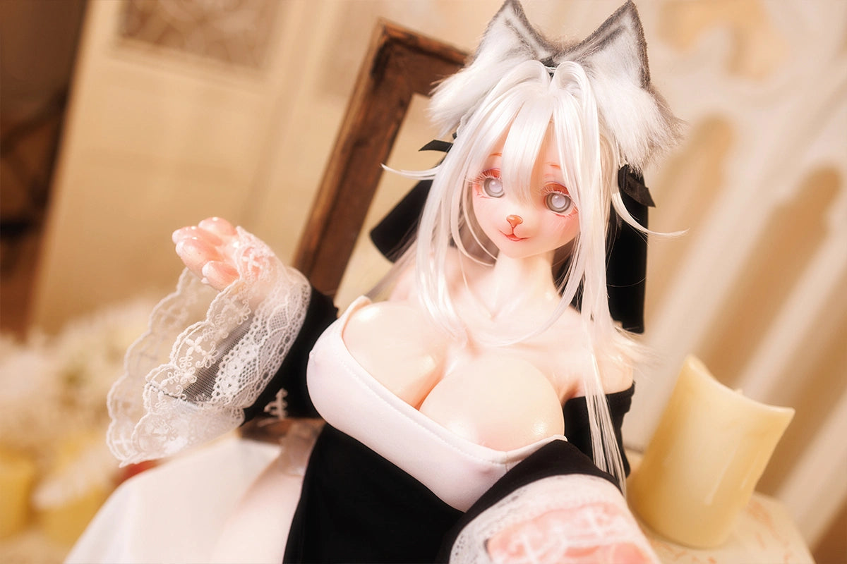 Image of Close-up of furry hentai sex doll Nicole, highlighting her fluffy white cat ears and maid outfit.