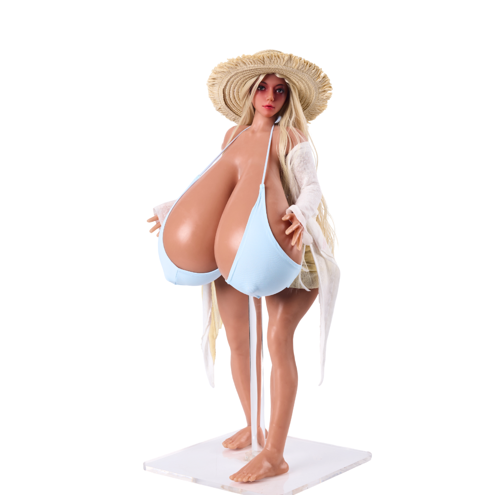 Image of A mini sex doll of the big tits milf character MadzisStacked, dressed in a summer outfit with a bikini and straw hat.