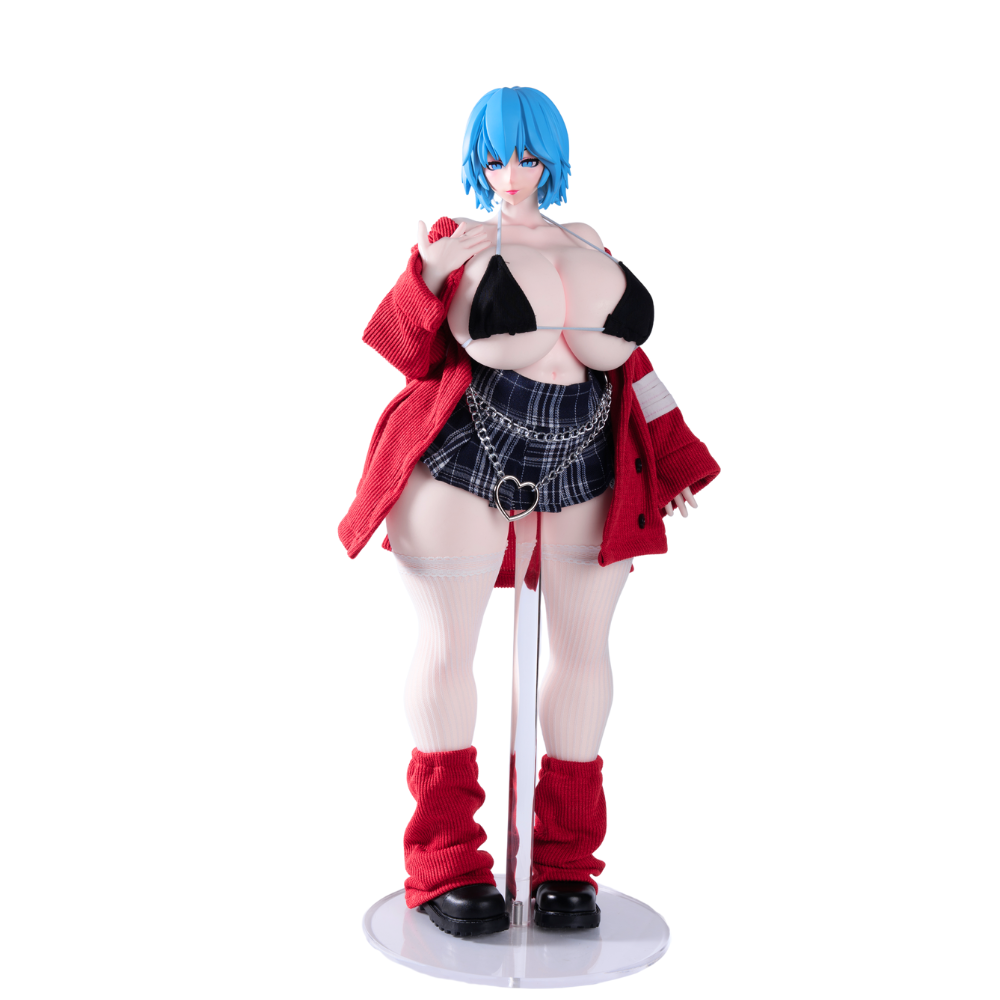Image of Full view of the Akeno anime figurine, a hentai fantasy character with a big ass, wearing a red jacket, plaid skirt, and red leg warmers.