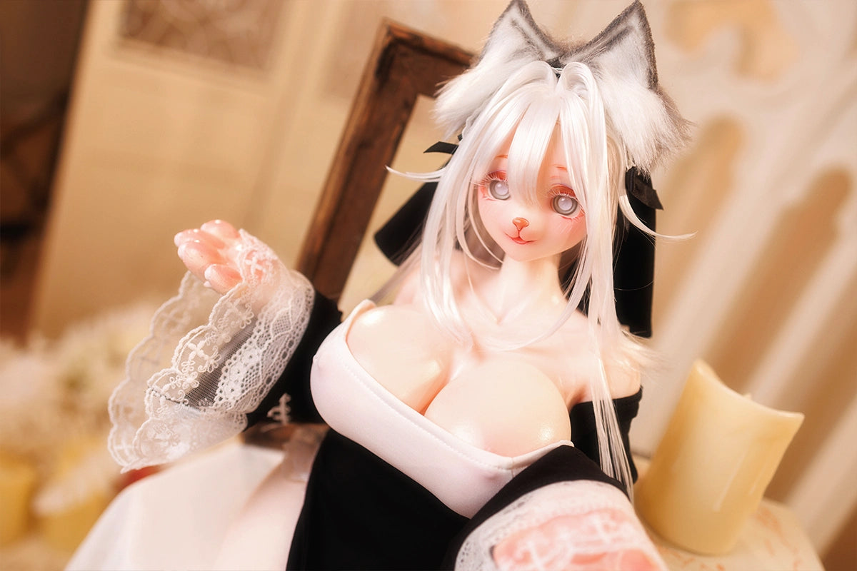 Image of Detailed anime figure of a neko with white hair and lace sleeves.