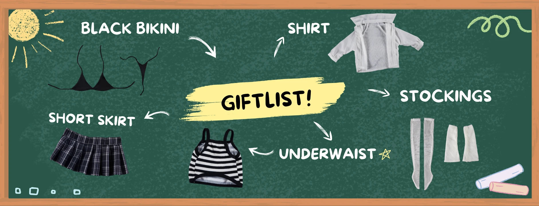 Image of Showing a black bikini, short skirt, shirt, underwaist, and stockings for a mini sex doll.