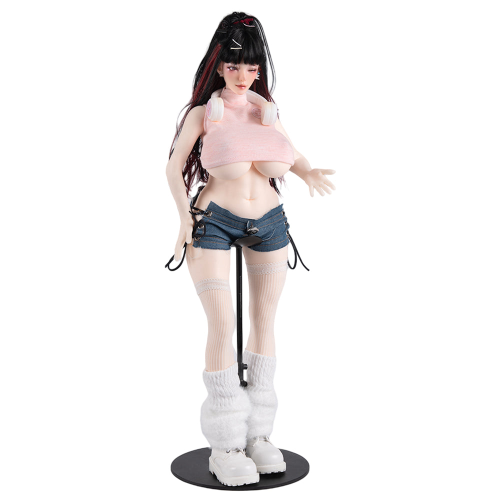 Image of The Nanako 'hot girl' anime sex figure with nice tits, dressed in a pink crop top, denim shorts, and fluffy boots.